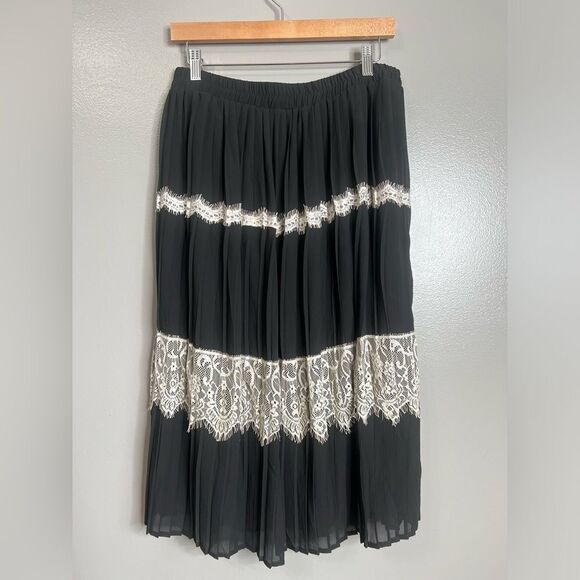Adiva skirt black cream pleated floral lace feminine office twee artsy large - Picture 5 of 7